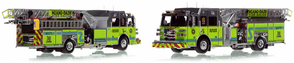 Miami-Dade Sutphen Ladder 38 scale model is hand-crafted and intricately detailed.