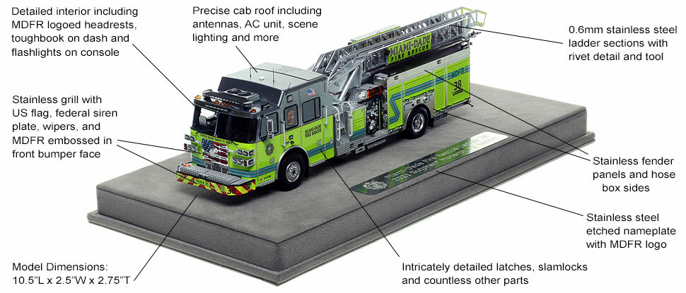 Features and specs of the Miami-Dade Fire Rescue Sutphen Ladder 38 scale model