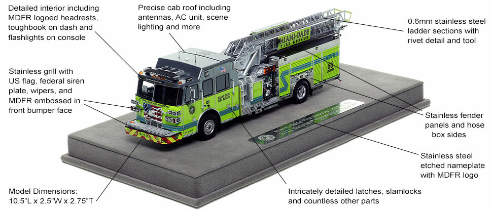 Features and specs of the Miami-Dade Fire Rescue Sutphen Ladder 66 scale model