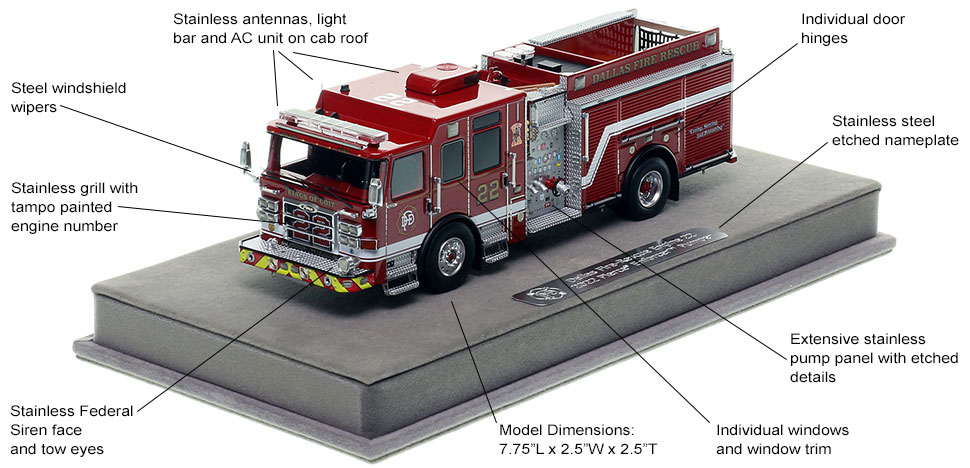 Features and specs of the Dallas Fire-Rescue Pierce Enforcer Engine 22 scale model