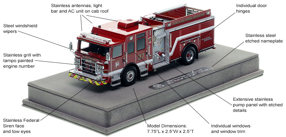 Features and specs of the Dallas Fire-Rescue Pierce Enforcer Engine 37 scale model