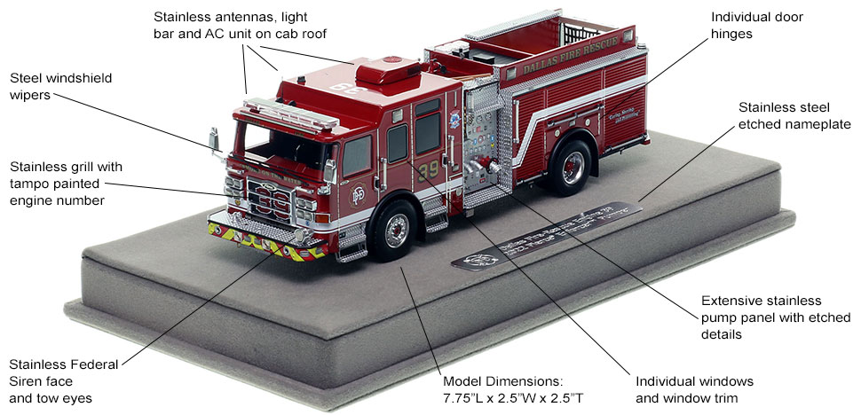 Features and specs of the Dallas Fire-Rescue Pierce Enforcer Engine 39 scale model