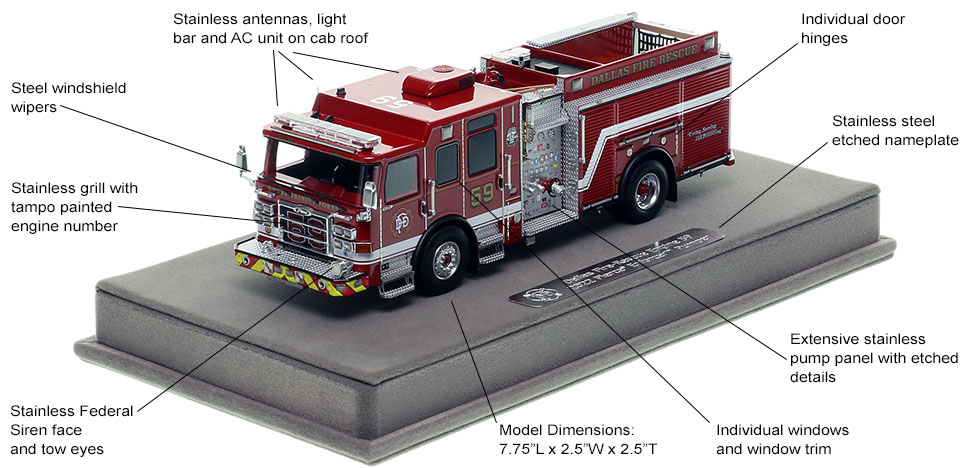 Features and specs of the Dallas Fire-Rescue Pierce Enforcer Engine 59 scale model