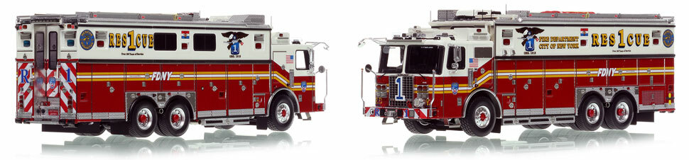 FDNY's Ferrara Rescue 1 scale model is hand-crafted and intricately detailed.