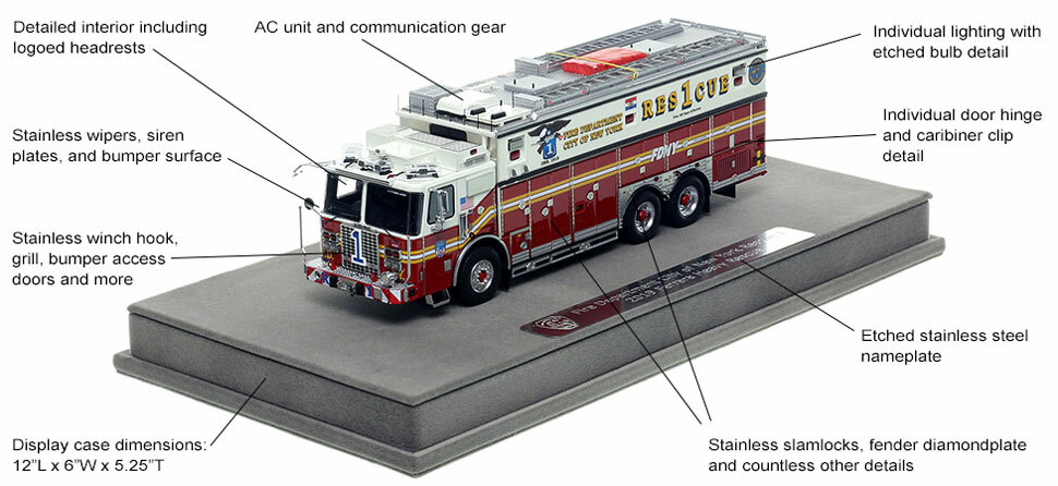 Features and Specs of FDNY's 2019 Ferrara Rescue 1 scale model