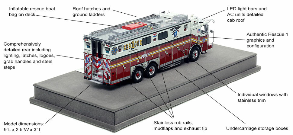 Features and Specs of FDNY's 2019 Ferrara Rescue 1 scale model