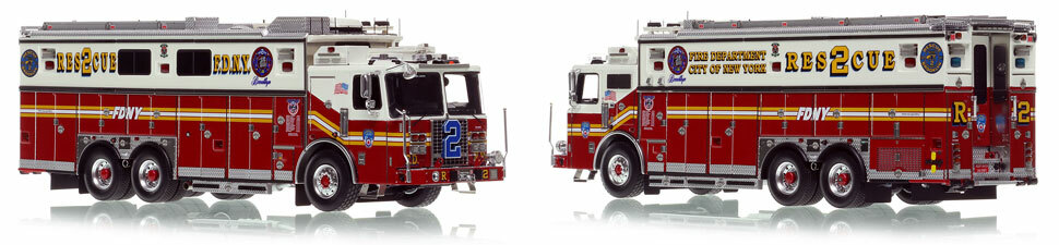 FDNY's Ferrara Rescue 2 scale model is hand-crafted and intricately detailed.
