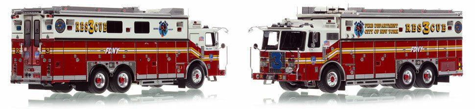 FDNY's Ferrara Rescue 3 scale model is hand-crafted and intricately detailed.