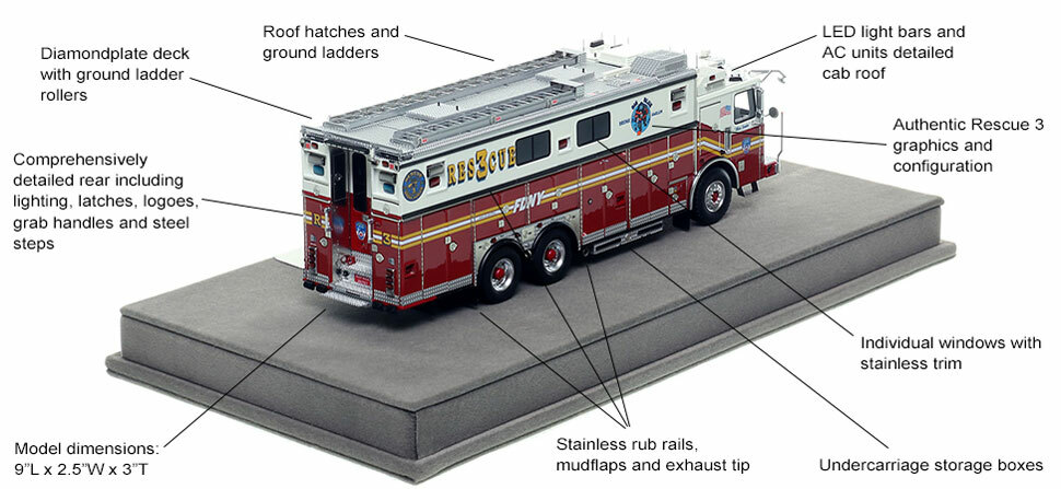 Features and Specs of FDNY's 2019 Ferrara Rescue 3 scale model