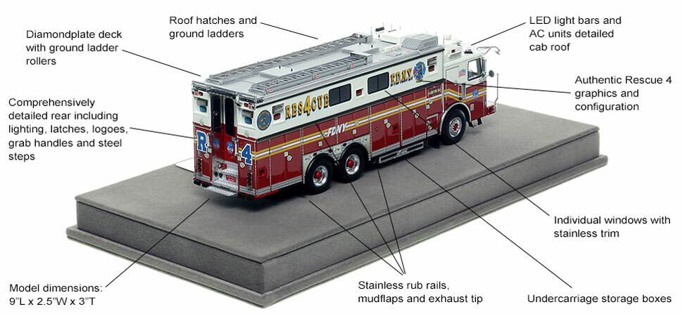 Features and Specs of FDNY's 2019 Ferrara Rescue 4 scale model