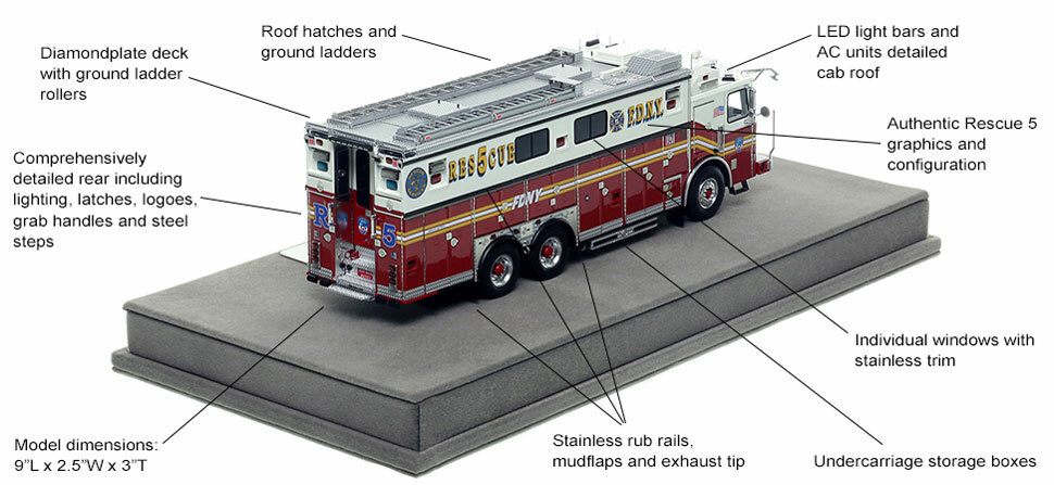 Features and Specs of FDNY's 2019 Ferrara Rescue 5 scale model