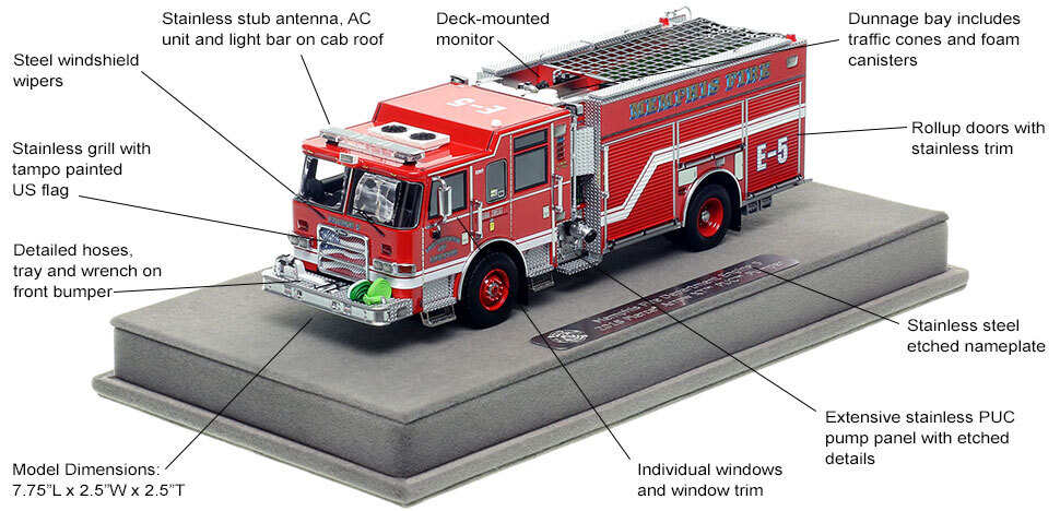 Features and specs of the Memphis Pierce Engine 5 scale model