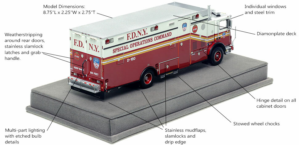 Specs and features of the FDNY Mack MR/Ferrara Decontamination Unit 160 scale model