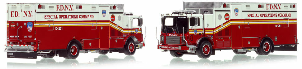 FDNY's 2006 Mack MR Decontamination Unit 251 scale model is hand-crafted and intricately detailed.