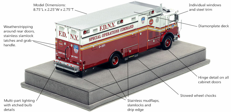 Specs and features of the FDNY Mack MR/Ferrara Decontamination Unit 251 scale model Specs and features of the FDNY Mack MR/Ferrara Decontamination Unit 251 scale model