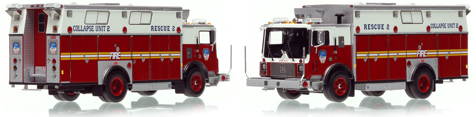 FDNY's Mack MC Collapse Rescue 2 scale model is hand-crafted and intricately detailed.