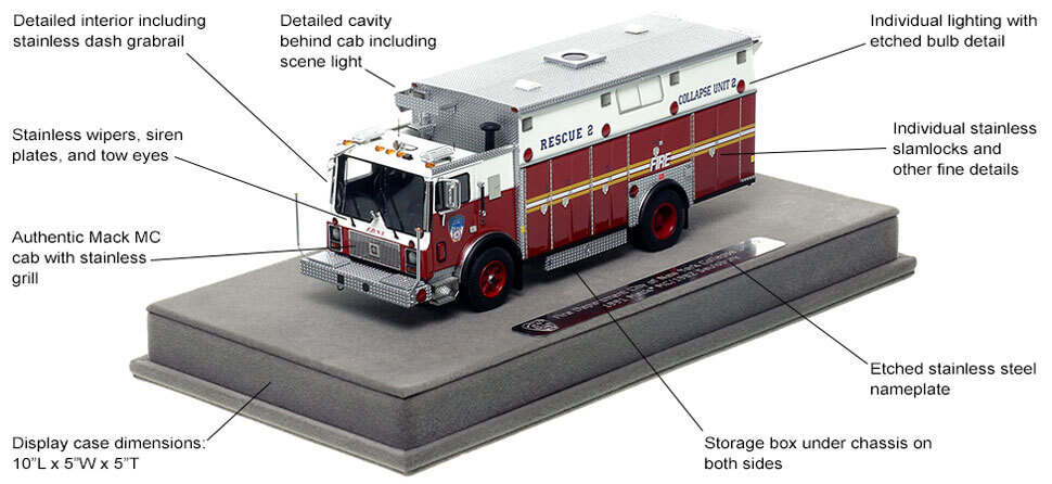 Features and Specs of FDNY's 1991 Mack MC Collapse Rescue 2 scale model