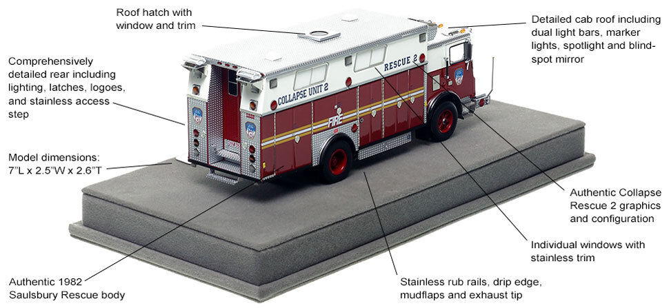 Specs and Features of FDNY's 1991 Mack MC Collapse Rescue 2 scale model
