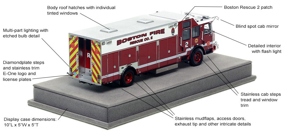 Specs and features of Boston's E-One Rescue 2 scale model