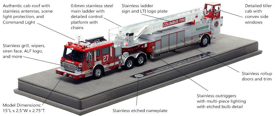 Features and specs of Columbus Fire Department American LaFrance Eagle Ladder 27 scale model
