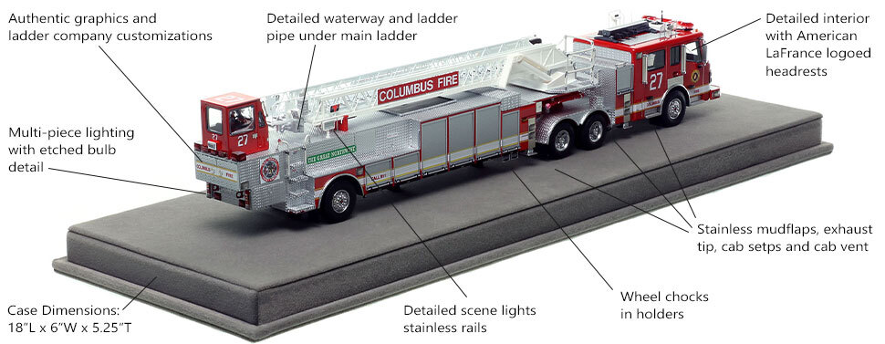 Specs and Features of Columbus Fire Department American LaFrance Eagle Ladder 27 scale model