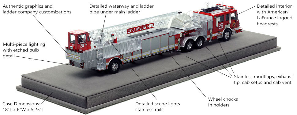 Specs and Features of Columbus Fire Department American LaFrance Eagle Ladder 28 scale model