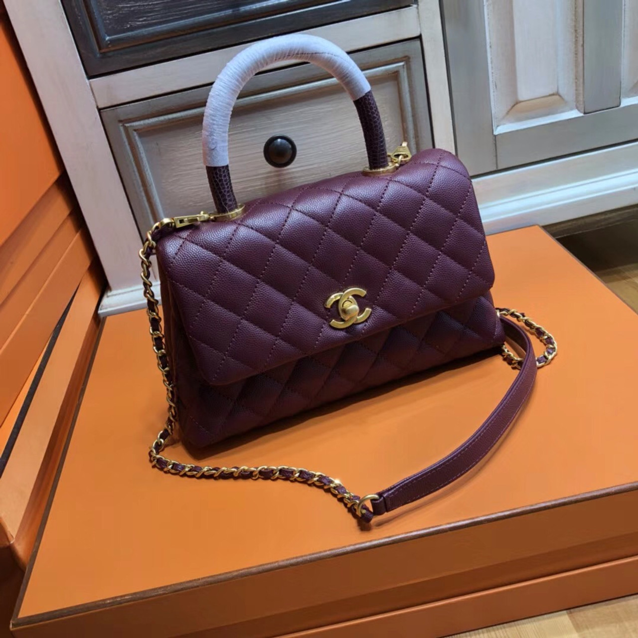 Chanel Burgundy Calfskin/Lizard Coco Handle Small Bag - Bella Vita Moda