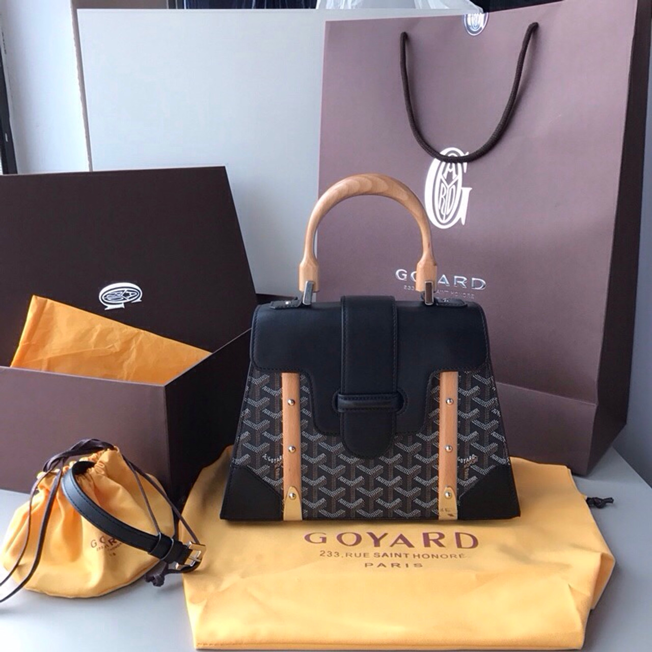 Goyard Saigon PM in Black with Wooden Handle