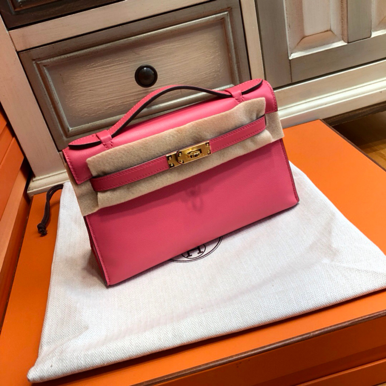 Brand New Hermes Kelly Pochette Bag Mini Swift Glycine at 1stDibs