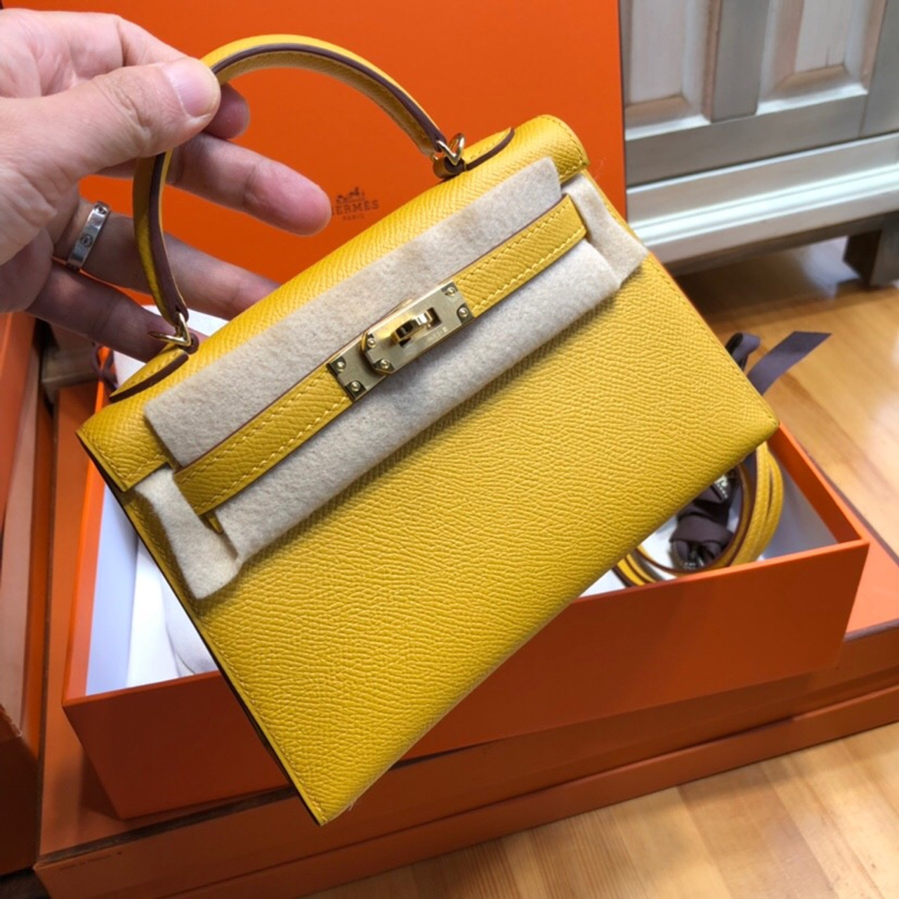 Brand New Hermes Kelly Pochette Bag Mini Swift Glycine at 1stDibs