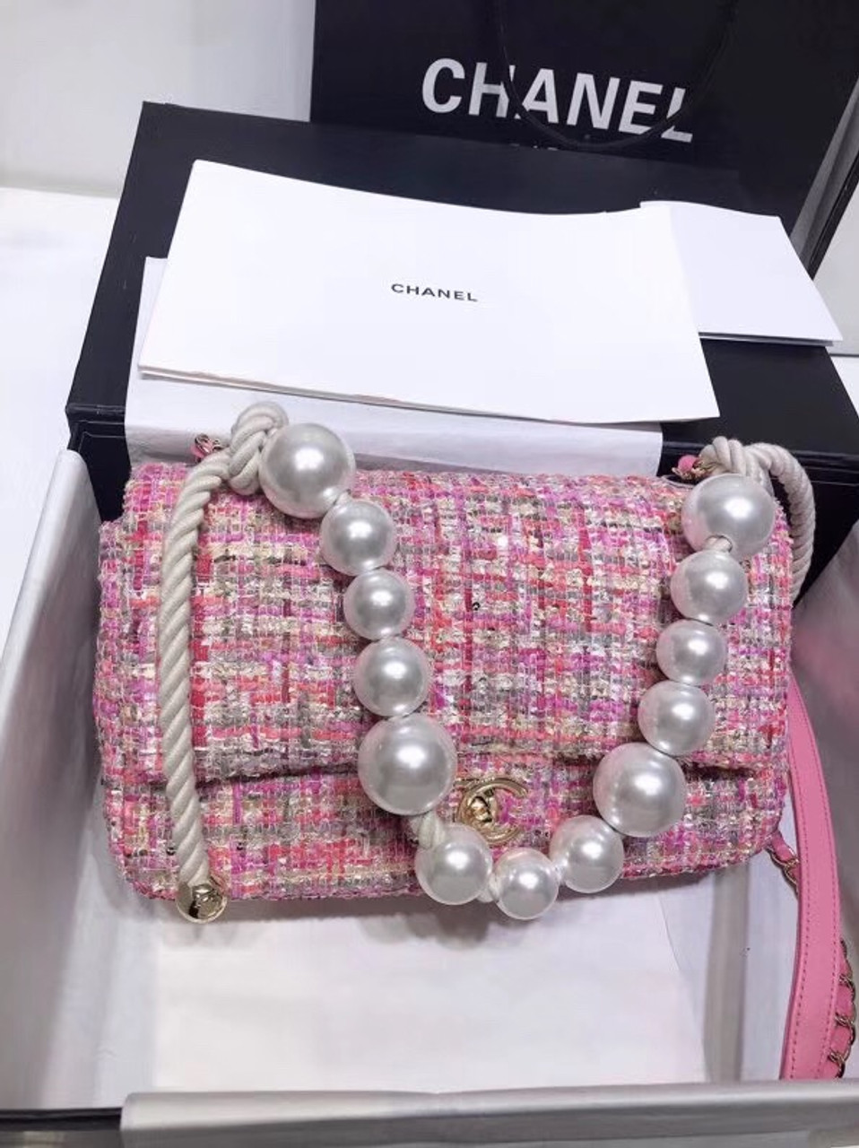 chanel pink tweed bag