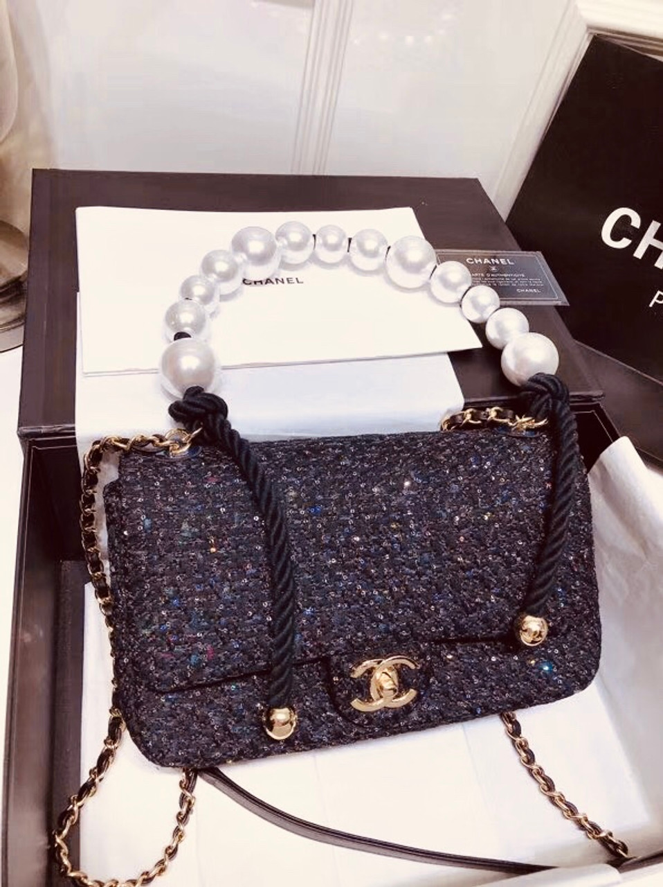 chanel tweed pearl bag