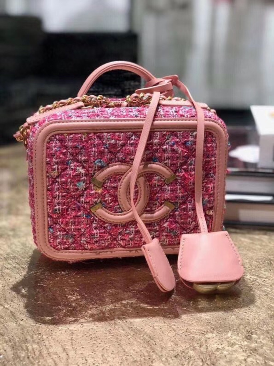 chanel pink tweed bag