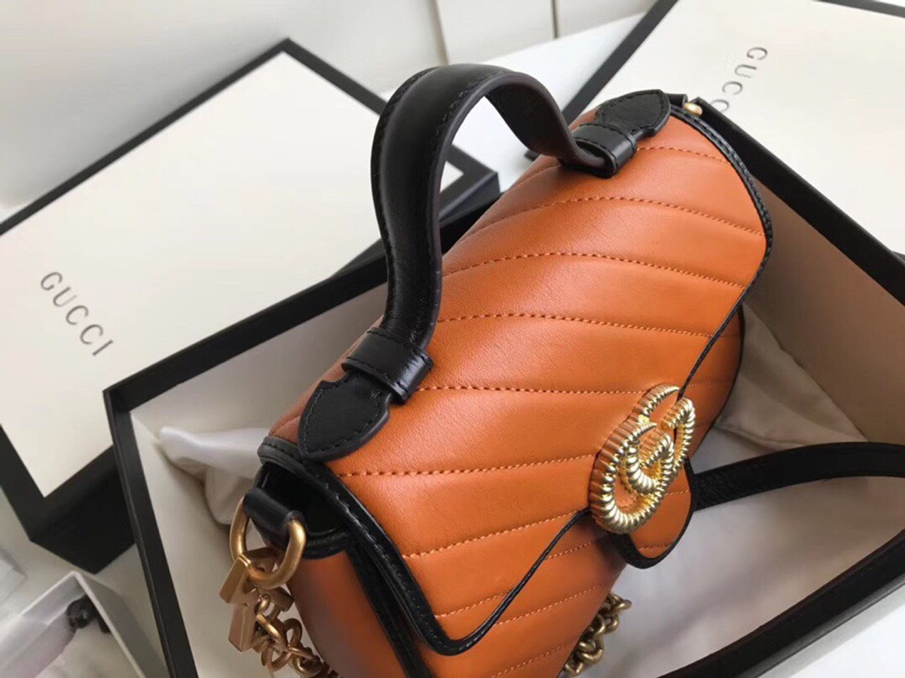 Gucci GG Marmont small top handle bag Cognac Leather - Bella Vita Moda