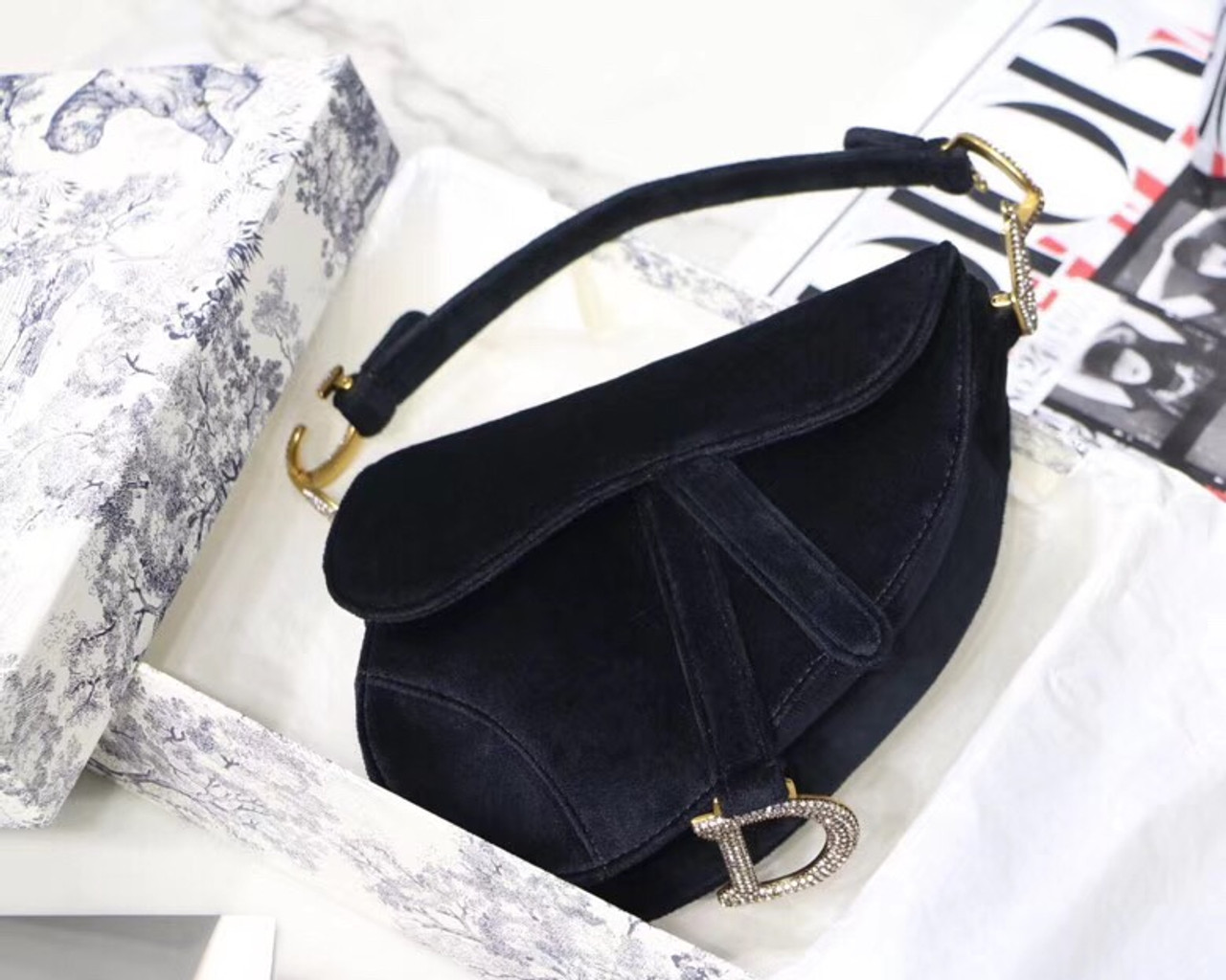 christian dior mini saddle velvet bag black