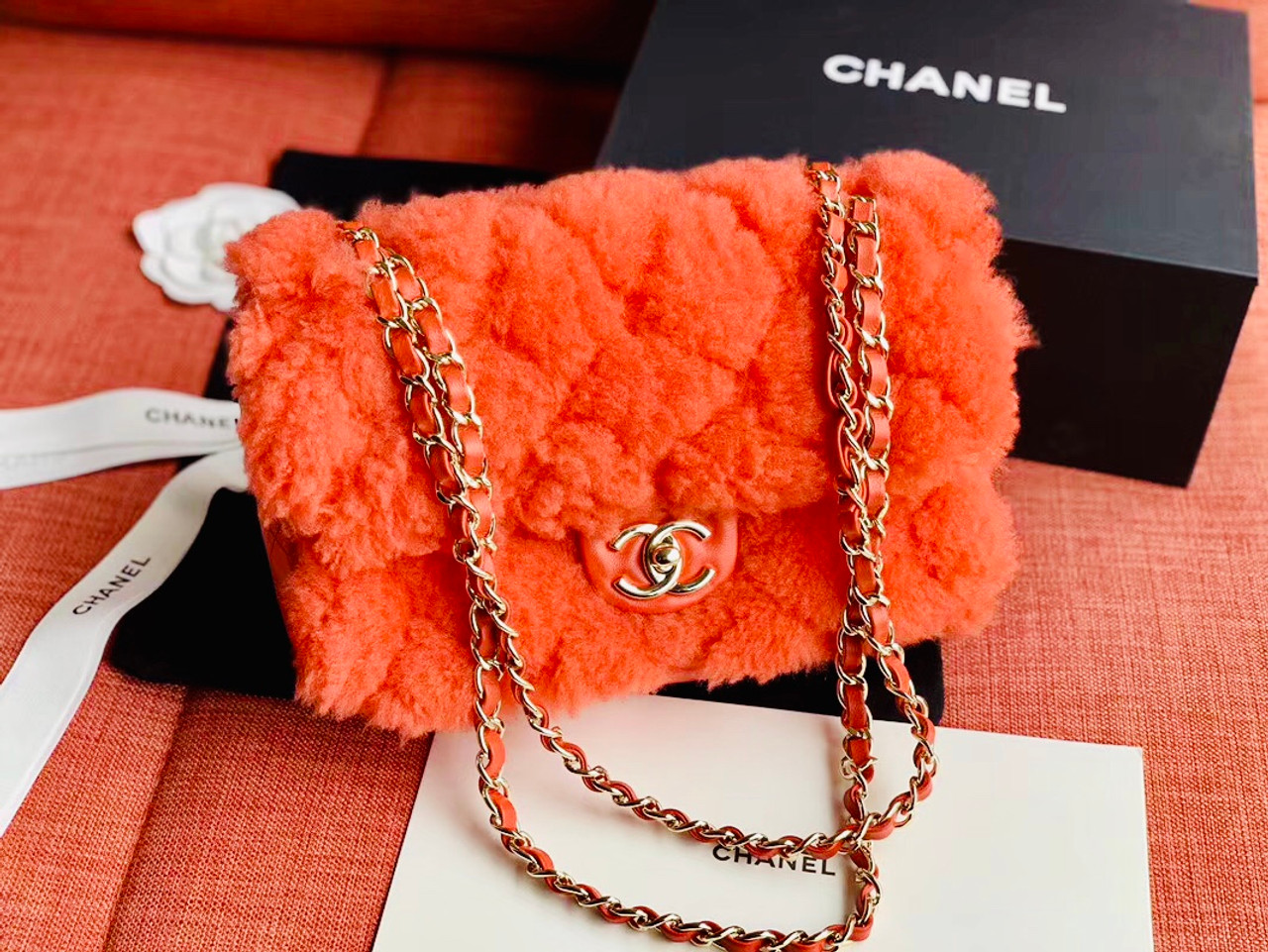 chanel red fur bag