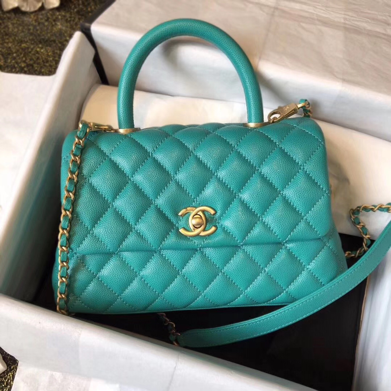 Chanel Mini Coco Handle Bag With Calfskin Handle Green Bella Vita Moda