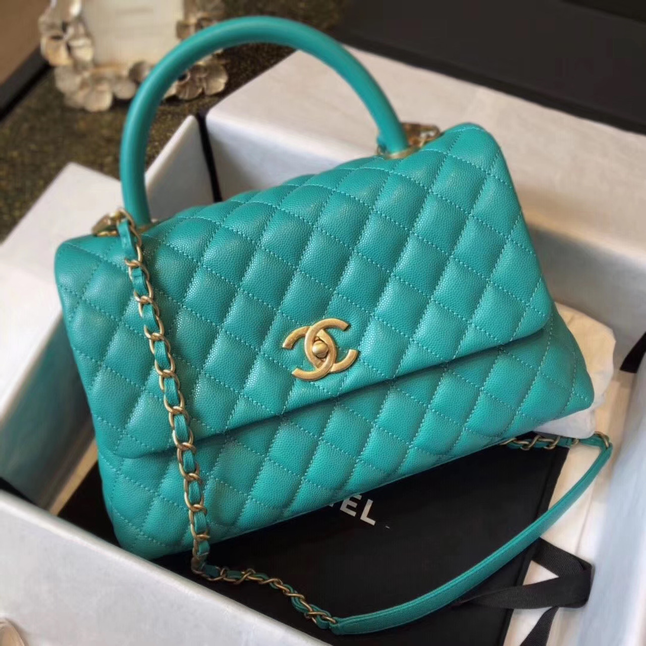 Chanel Small Coco Handle Bag In Calfskin Handle Green Bella Vita Moda