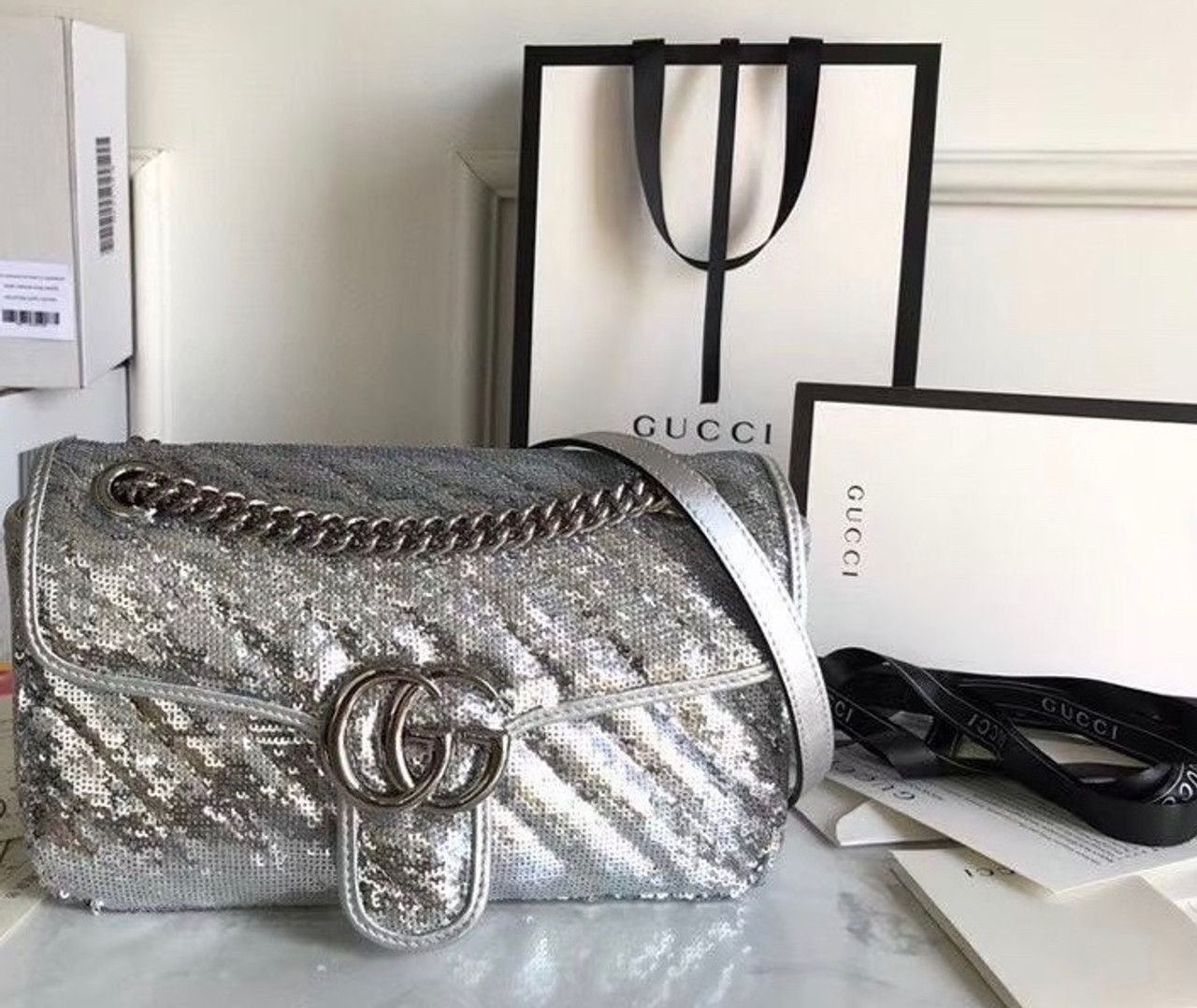 Gucci GG Marmont small Silver sequin 