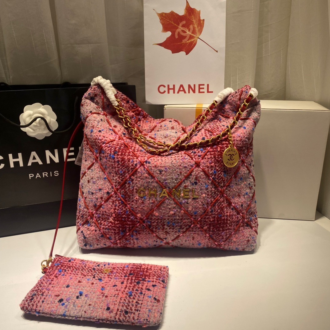 CHANEL 22 HANDBAG Wool Tweed Large Pink - BVPRIVE