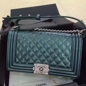 CHANEL Emerald Quilted Patent Leather Medium LE BOY Bag with Silver HW