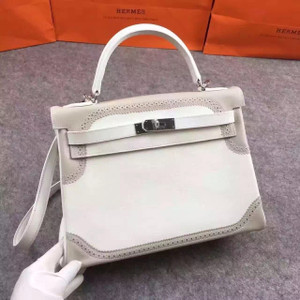 Hermes Limited Edition Blanc & Gris Perle Ghillie Kelly 32cm Swift Palladium Hardware