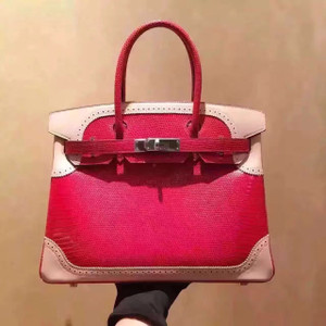 Hermes Limited Edition Rouge Vif Rose Dragee Ghillie Kelly 32cm Lizard Palladium Hardware