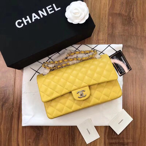 CHANEL Yellow Lambskin Leather Classic Double Flap 2.55 Shoulder Bag Silver HW