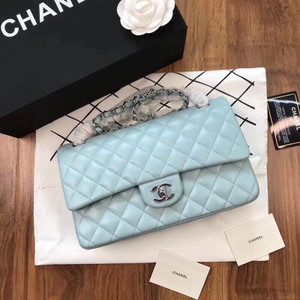 CHANEL Tiffany Blue Lambskin Leather Classic Double Flap 2.55 Shoulder Bag Silver HW
