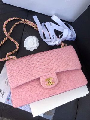 Chanel Classic Handbag with Pink Python & Gold Metal