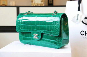 Chanel Emerald Shinny Alligator Classic  Flap Bag  with Silver Hardware