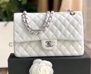 CHANEL White Lambskin Leather Classic Double Flap 2.55 Shoulder Bag With Silver Hardware