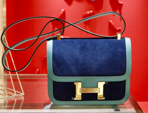 Hermes Special Order Constance Veau Doblis Suede 7F Blue Paon/R2 Blue Agate  19cm