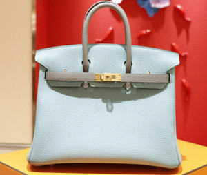 Hermes Special Order Bi-Colour 3P Blue Atoll/ 4Z Gris Mouette Birkin 25 cm Togo Gold  Hardware